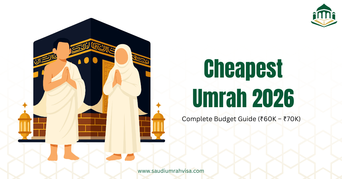 Cheapest Umrah 2026 guide showing budget travel from ₹60,000 with best months after Hajj, visa tips, cheap flights and hotels near Haram.
