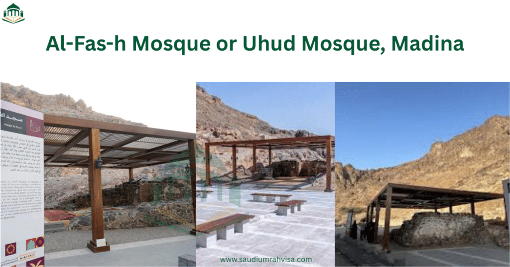 The historic Al-Fash Mosque at the base of Mount Uhud in Madinah, showing the 2026 renovations and iron protective fencing.