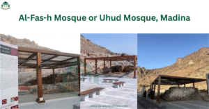 The historic Al-Fash Mosque at the base of Mount Uhud in Madinah, showing the 2026 renovations and iron protective fencing.